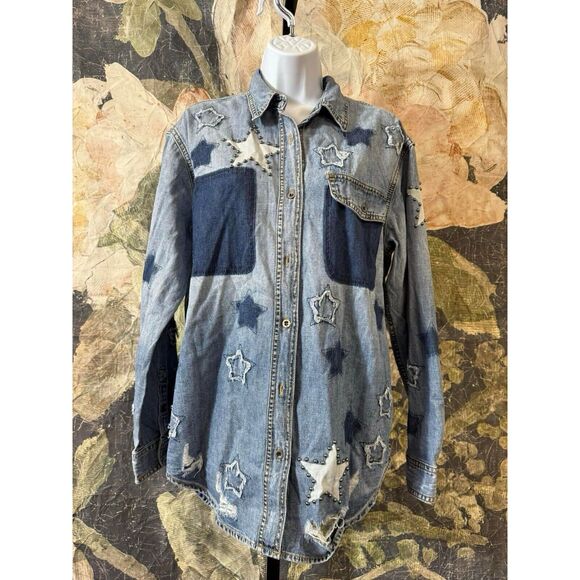 New Free People x One Teaspoon JOHNNY BLUE STAR CLASSIC EVERYDAY SHIRT Size S - Picture 13 of 14